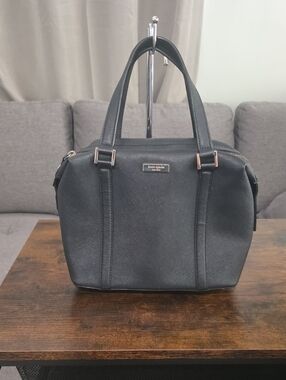 kate spade Black Saffiano Leather Messenger Tote with Rose Gold Accents